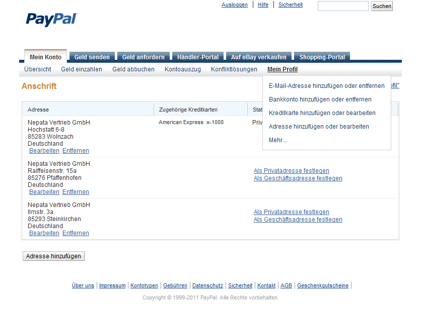 PayPal-Konto, Seite Anschrift: geöffnetes Menü Mein Profil mit Adresse hinzufügen oder bearbeiten, darunter drei hinterlegte Lieferadressen