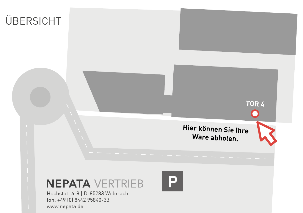 Lageplan Nepata Vertrieb, Hochstatt 6-8 in Wolnzach: Tor 4 als Abholstelle für Click & Collect markiert, Zufahrt über Kreisverkehr, Parkplatz