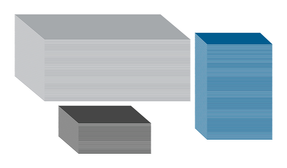 Illustration : trois piles de feuilles découpées, de couleur grise, gris foncé et bleue, de tailles différentes – symbolisant la diversité des formats du NEPATA S1000