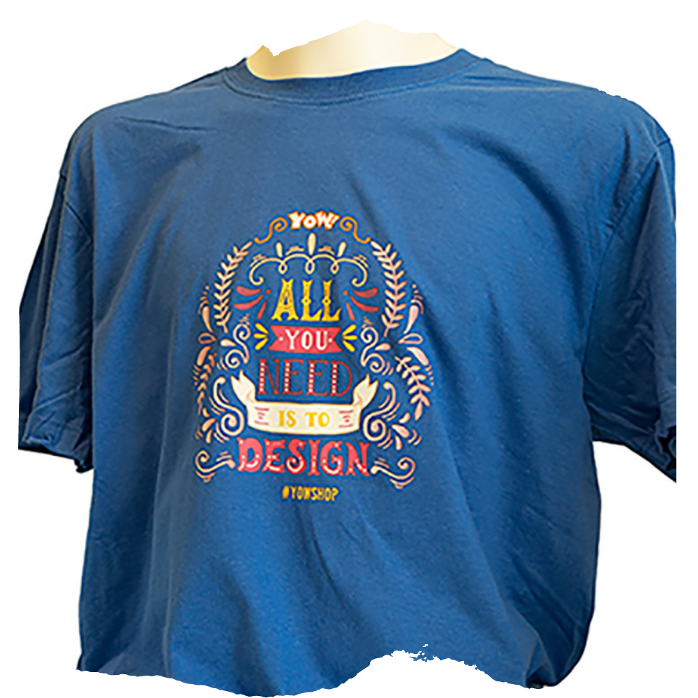 Blaues T-Shirt mit mehrfarbigem Ready Textiltransfer: verschnörkelter Schriftzug All you need is to design, darunter #YOWSHOP