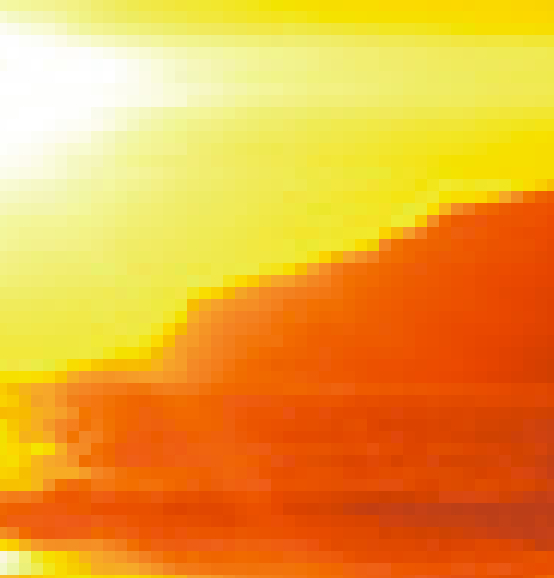 Stark vergrößerter Ausschnitt eines Sonnenuntergangs mit sichtbaren Pixeln in Gelb, Orange und Rot, als Beispiel für den Aufbau einer Bitmapgrafik