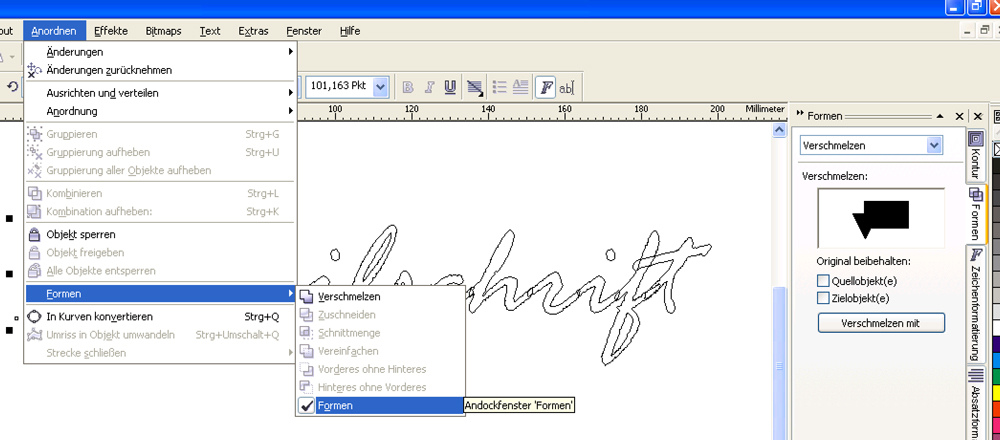 CorelDraw X3: Menü Anordnen > Formen geöffnet, rechts Andockfenster Formen mit Verschmelzen, dahinter Schreibschrift im Umriss-Modus