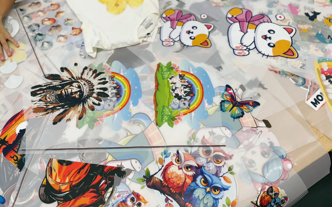 Ferienpass-Aktion: bunte DTF-Transfers mit Katzen, Eulen, Regenbogen und Schmetterling auf einem Tisch, daneben ein weißes Kindershirt