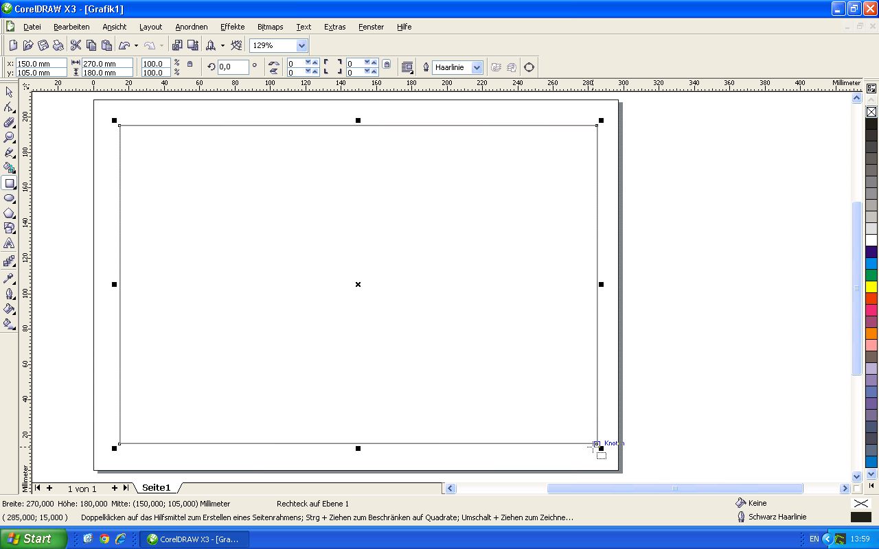 CorelDRAW X3 mit aktivem Rechteckwerkzeug: frisch gezogenes, noch ungefülltes Rechteck mit 270 x 180 mm als Hintergrund für den Folienplot