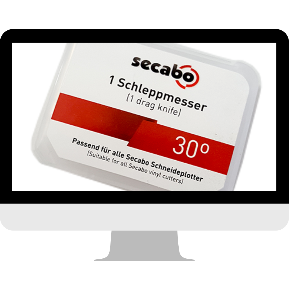 Verpackung eines Secabo Schleppmessers mit 30°-Winkel, passend für alle Secabo Schneideplotter, dargestellt auf einem Monitor