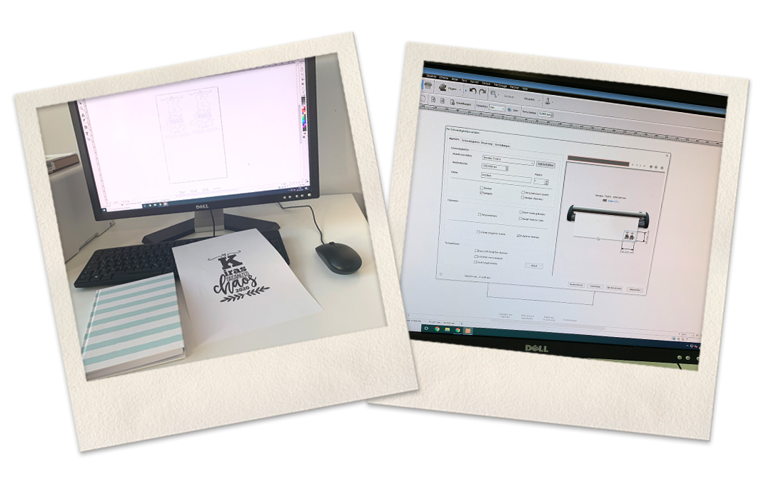 Probeausdruck des Letterings Kiras organized chaos 2020 neben gestreiftem Planer am PC, daneben Bildschirm mit Schneideeinstellungen der Plottersoftware