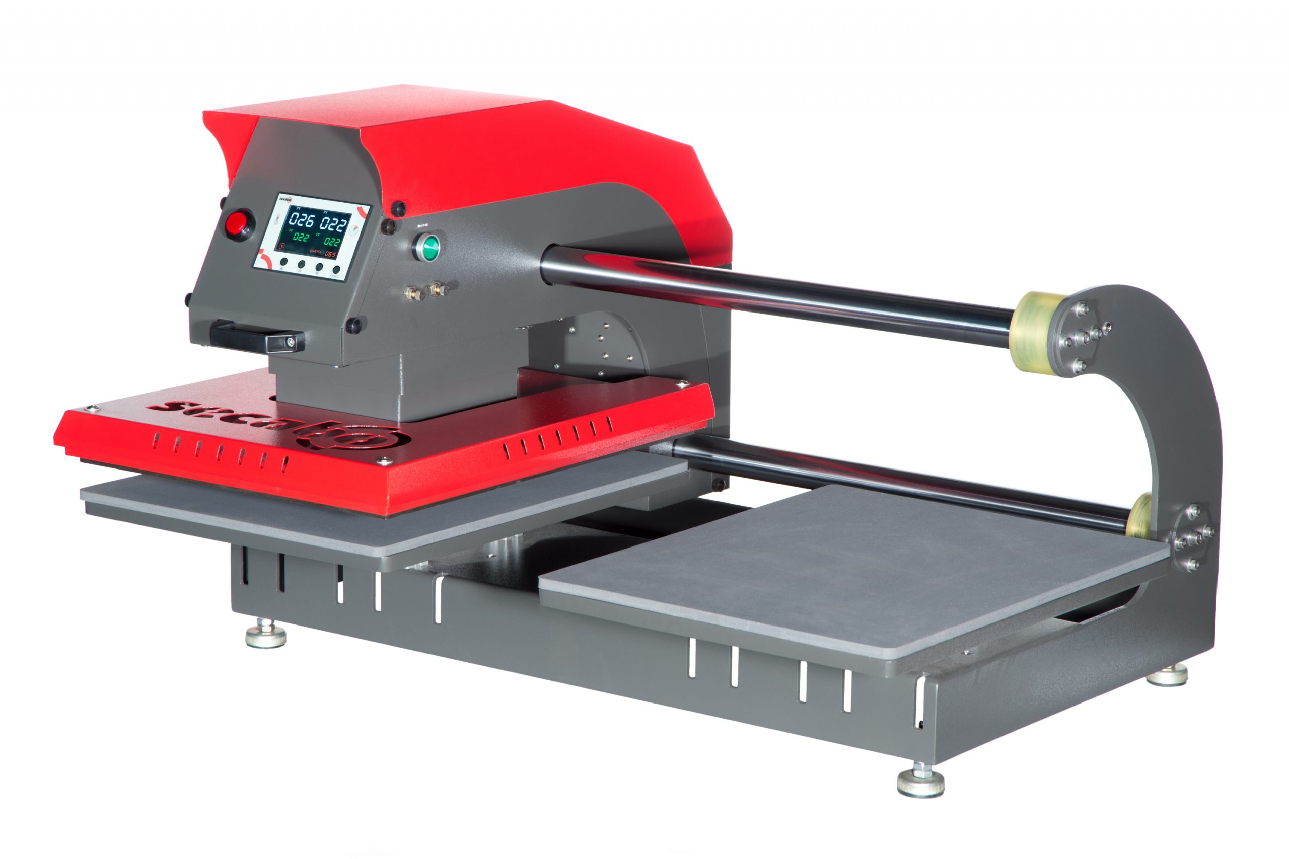 Pneumatische Transferpresse Secabo TPD7 in Rot-Grau mit Digitaldisplay und zwei verschiebbaren Bodenplatten für abwechselndes Bestücken