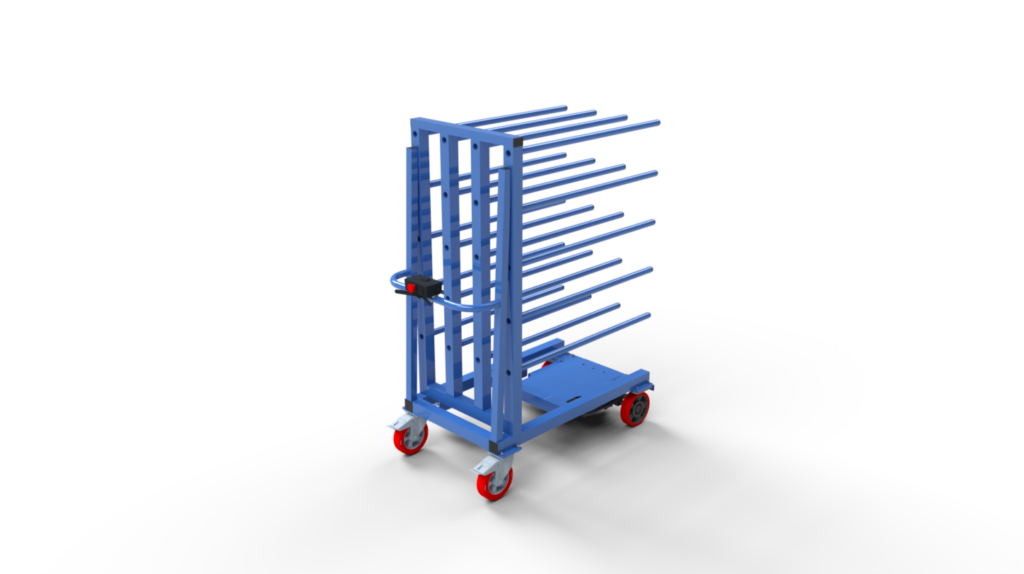 Rendering des blauen Nepata-Rollentransportwagens mit Antrieb: Rahmen mit waagerechten Rollenstangen, Griff mit Bedienelement, rote Räder