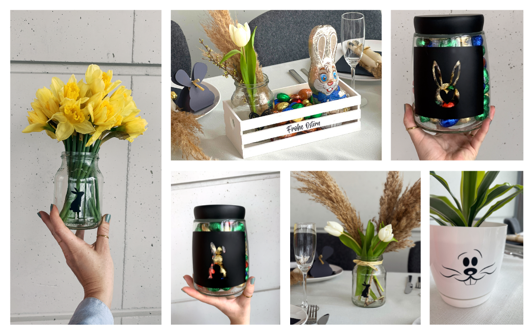Collage: mit Hasenmotiven aus Folie beklebte Gläser mit Narzissen, Tulpen und Schokoeiern, Holzkiste Frohe Ostern und Blumentopf mit Hasengesicht