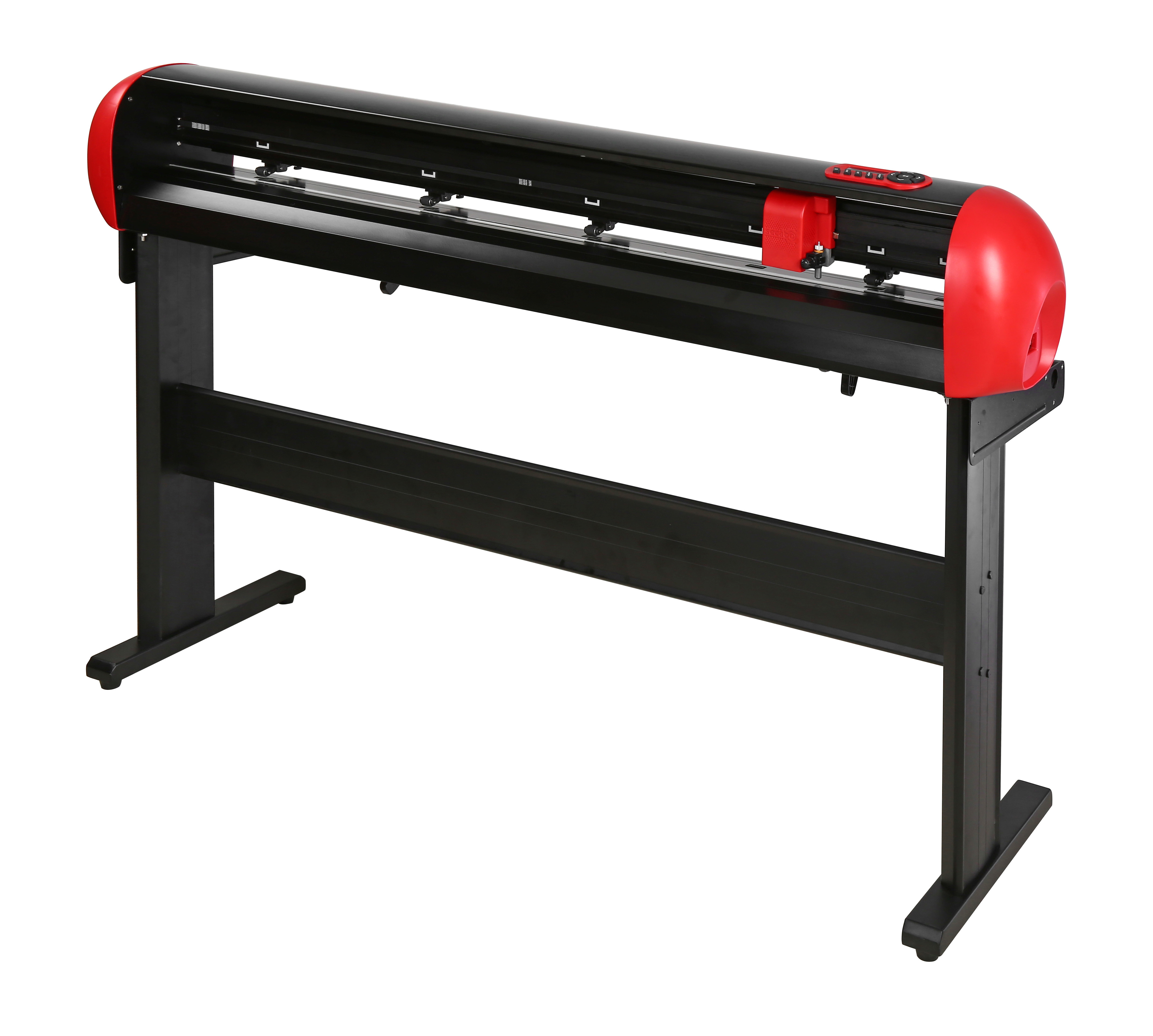 Secabo Schneideplotter C120 IV mit schwarzem Gehäuse, roten Seitenkappen, Schneidkopf und Bedienfeld auf Standfuß, 126 cm Schneidebreite