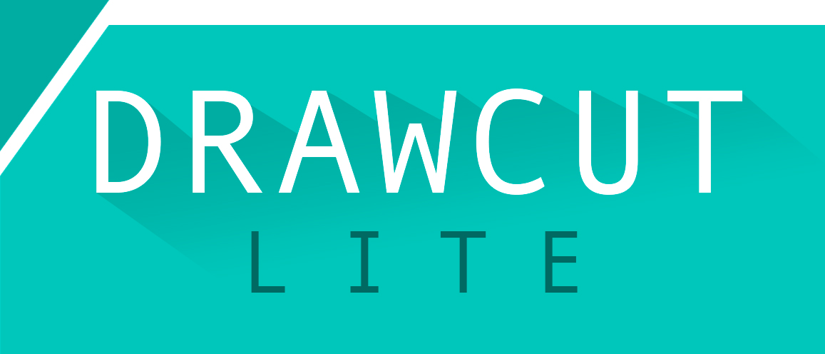 Logo von DrawCut LITE: weißer Schriftzug DRAWCUT mit Schattenwurf, darunter LITE in Dunkelgrün auf türkisem Hintergrund