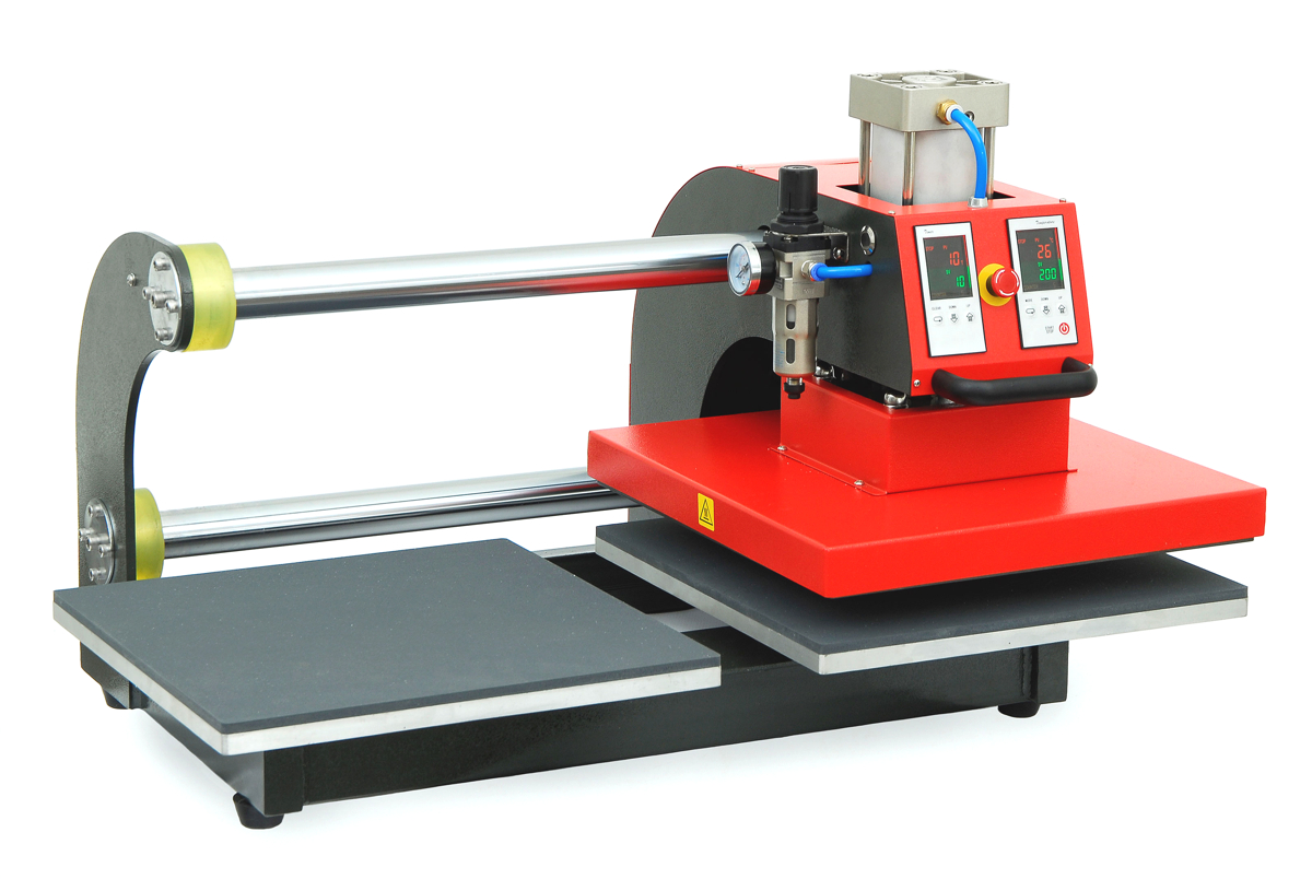 Pneumatische Transferpresse Secabo TC D5 mit roter Heizplatte, zwei Unterplatten, Druckluftzylinder und digitalen Anzeigen für Zeit und Temperatur