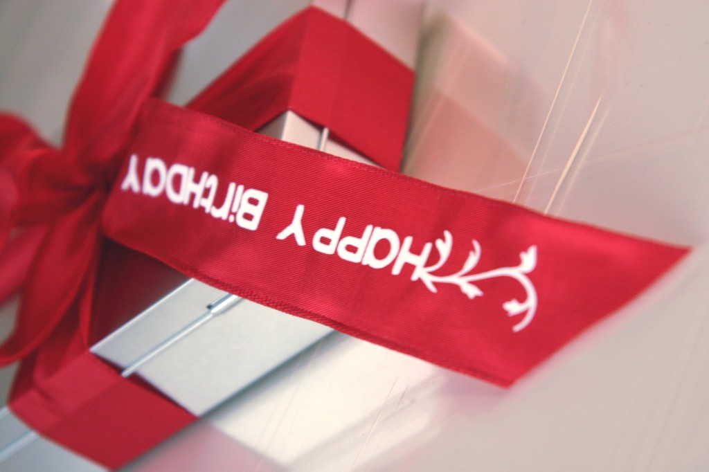 Rotes Geschenkband an silberner Schachtel mit weißem Schriftzug Happy Birthday und Ranke aus geplotteter Flockfolie