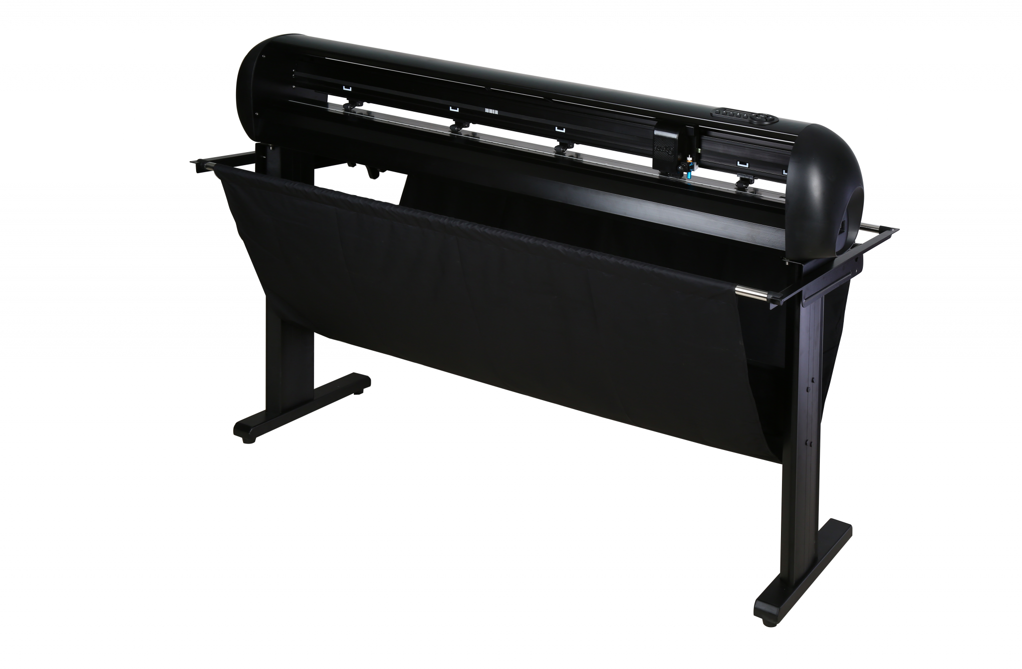Secabo Schneideplotter T120 II in Schwarz auf Standfuß mit Auffangkorb, Andruckrollen und Schneidkopf zum Plotten großflächiger Folienschriften