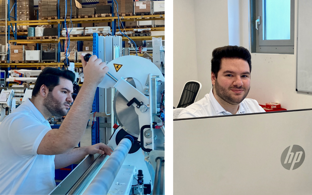 Burak links an einer Maschine mit Rollenwelle in der Lagerhalle, rechts lächelnd am Schreibtisch hinter einem Monitor im Nepata-Büro