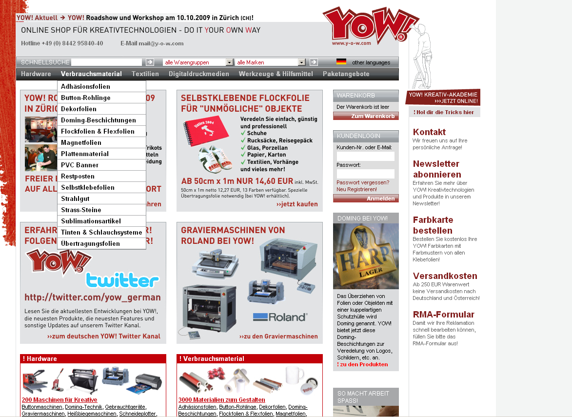 Alte Startseite des YOW! Onlineshops vor dem Relaunch zu YOW! 2.0, mit geöffnetem Menü Verbrauchsmaterial und Aktionsbannern