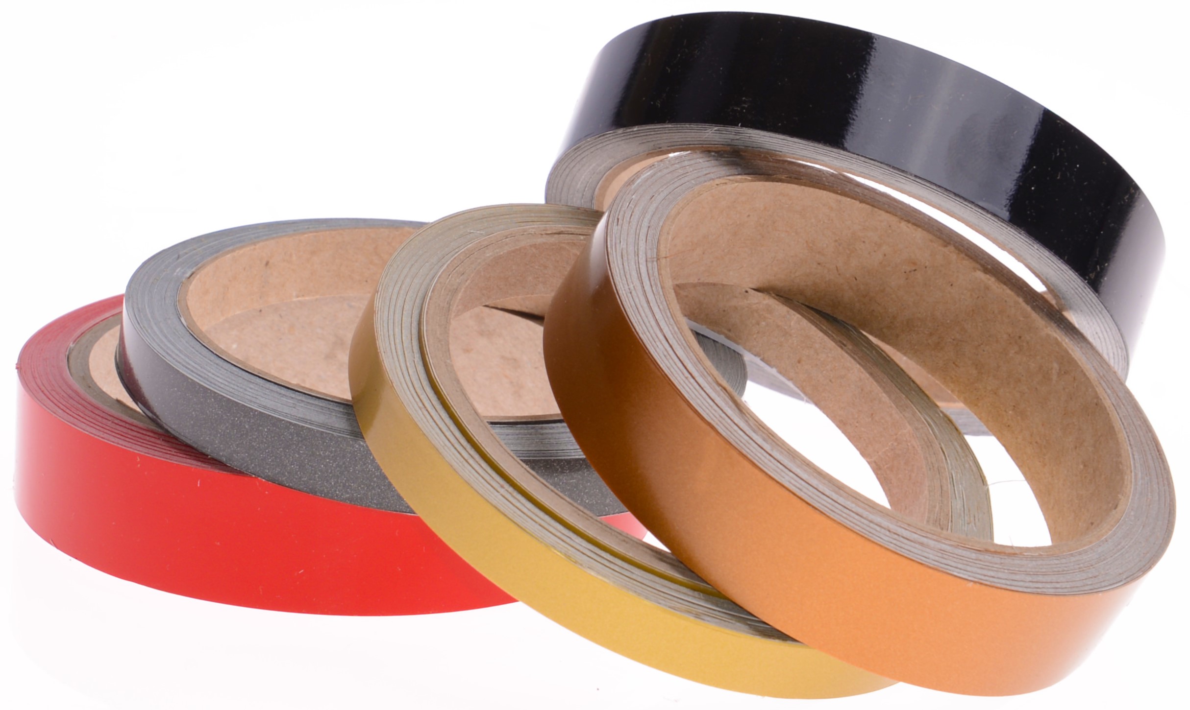 Fünf Rollen Ritrama-Pro-Folienstreifen in 1 und 2 cm Breite auf Papphülsen: Rot, Anthrazit, Gold, Kupfer und Schwarz, glänzend und metallic