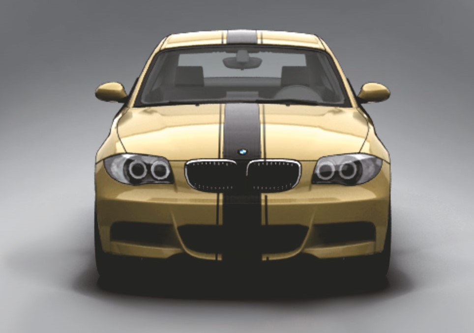 Goldener BMW 1er in Frontansicht mit schwarzen Rallye-Streifen über Dach, Motorhaube und Stoßstange als Anwendungsbeispiel für Folienstreifen