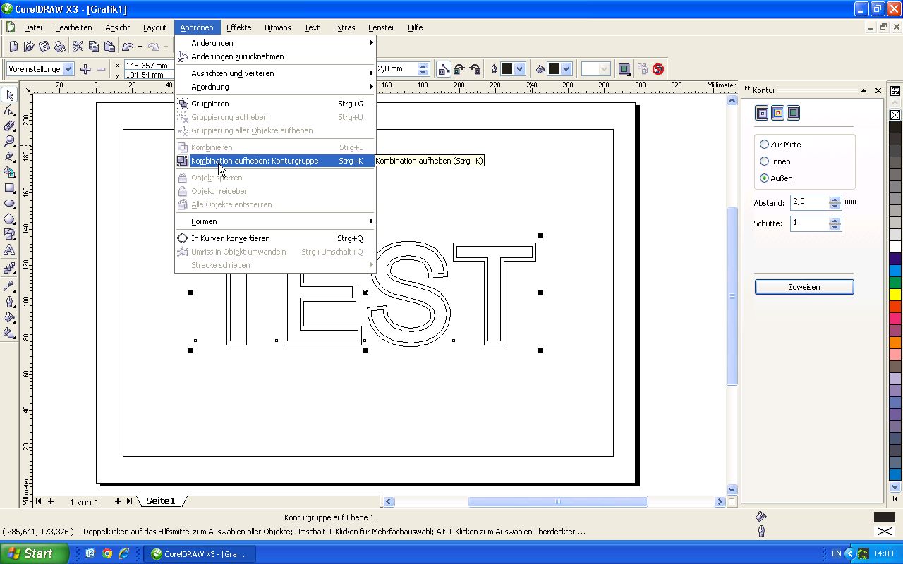 CorelDraw X3: Menü Anordnen mit markiertem Befehl Kombination aufheben: Konturgruppe, Schriftzug TEST mit Außenkontur in Umrissansicht