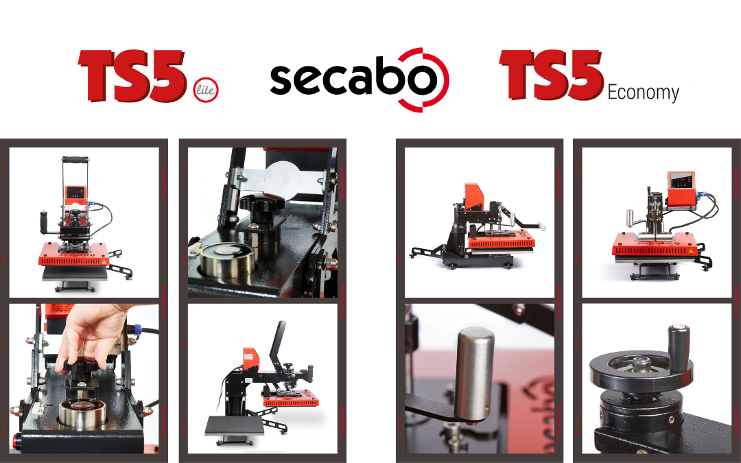 Collage: Secabo TS5 Lite (links) und TS5 Economy (rechts) mit Gesamtansichten, Schwenkfunktion und Details der Druckverstellung per Knauf und Handrad