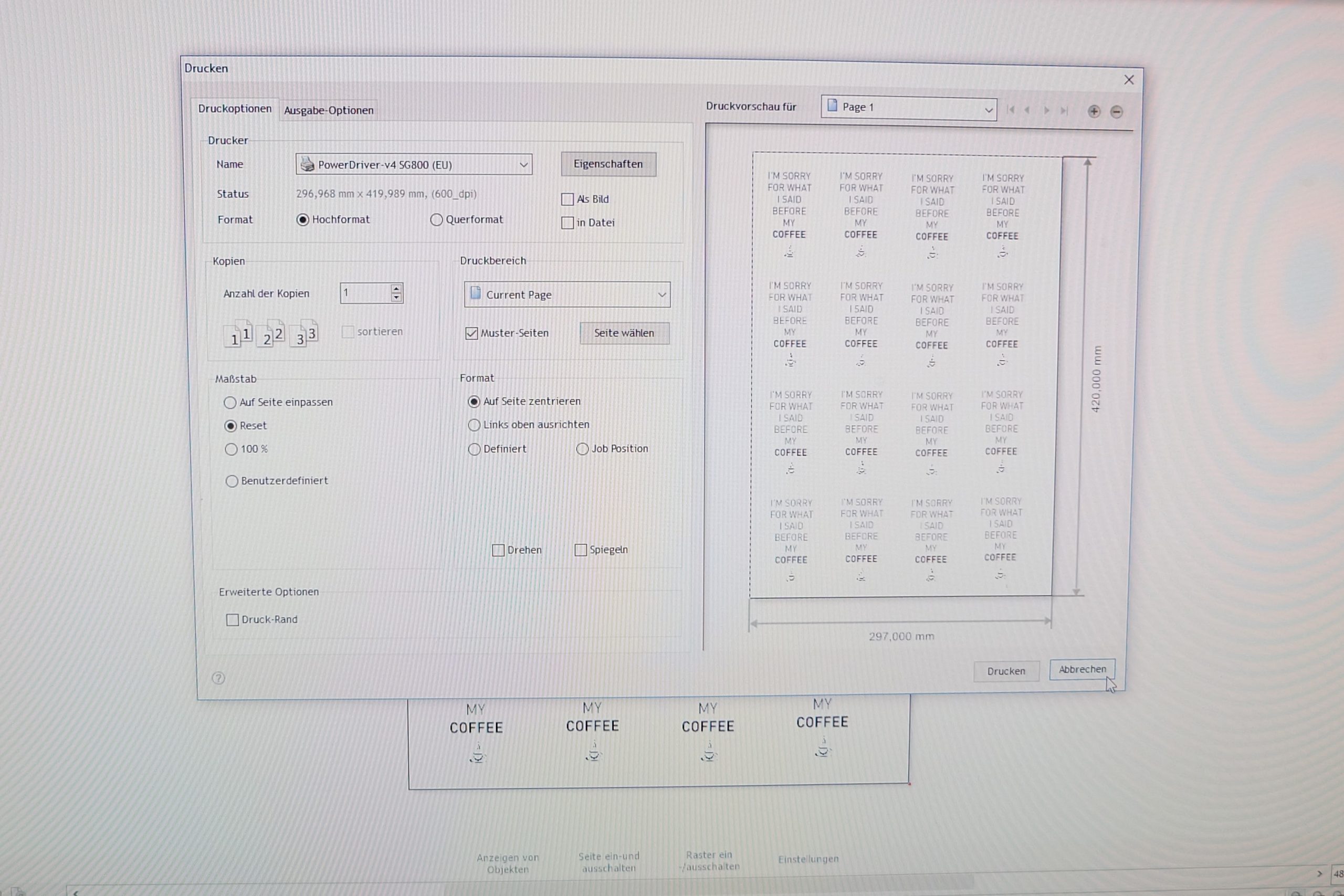 Druckdialog in DrawCut Pro mit PowerDriver SG800: 16 Kaffeebecher-Motive „I'm sorry for what I said before my coffee“ auf A3 angeordnet
