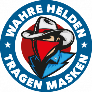 Runder Nepata-Button mit Aufschrift Wahre Helden tragen Masken: Cowboy mit weißem Hut und rotem Halstuch als Mund-Nasen-Schutz