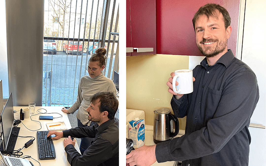 Andreas Steinert mit einer Kollegin am PC und lächelnd mit Kaffeetasse in der Büroküche von NEPATA