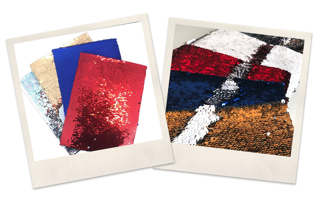 Wendepailletten-Patches in Rot, Blau, Gold und Silber; Nahaufnahme zeigt umgestrichene Pailletten mit weißer Rückseite zum Bedrucken