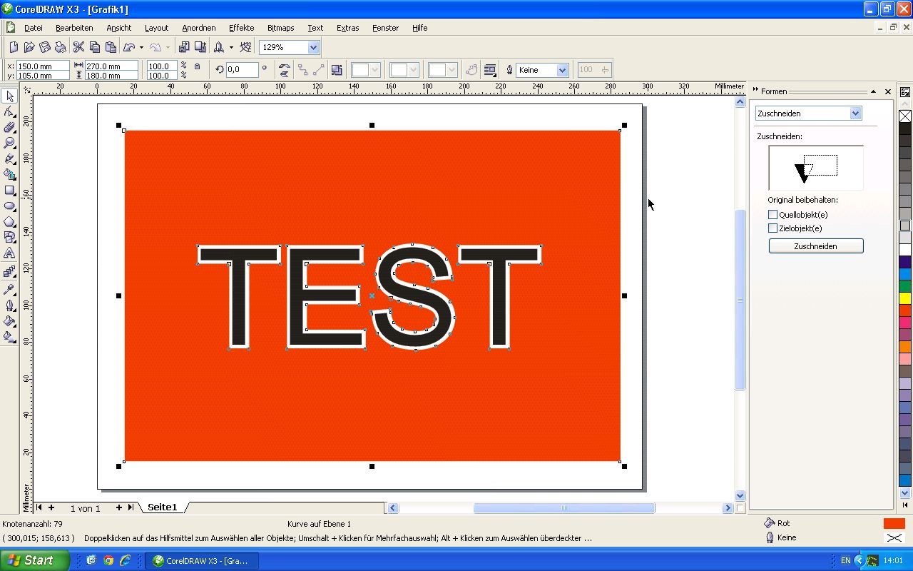 CorelDraw X3: roter Hintergrund mit schwarzem Text TEST, weißer Rahmen um die Buchstaben ausgestanzt, rechts Andockfenster Formen mit Zuschneiden