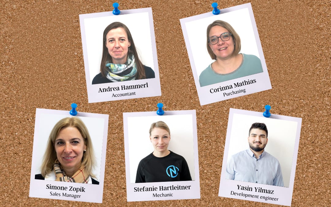 A noticeboard featuring portrait photos of the new Nepata staff members: Andrea Hammerl, Corinna Mathias, Simone Zopik, Stefanie Hartleitner, Yasin Yilmaz