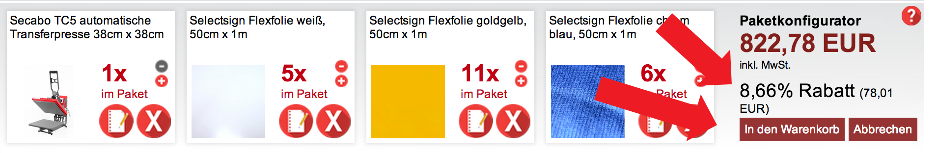 Paketkonfigurator mit Transferpresse und Flexfolien: 822,78 EUR, 8,66 % Rabatt, Pfeile auf Rabattanzeige und Button In den Warenkorb