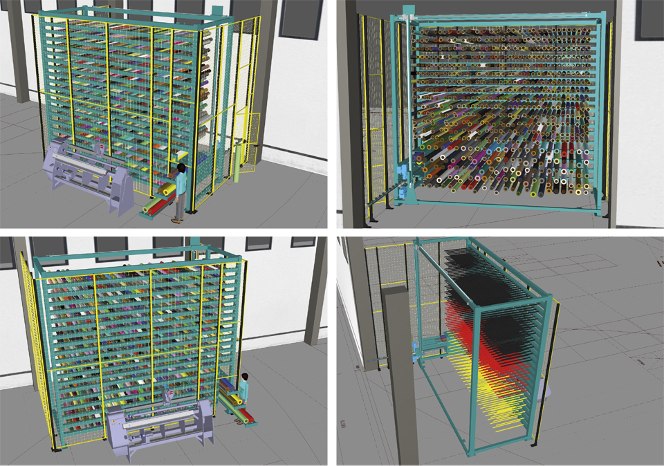 Quatre vues en 3D de l'entrepôt vertical prévu : rayonnage en acier avec des broches chargées de Rouleaux de films vinyle, robot vertical, barrière de protection et opérateur