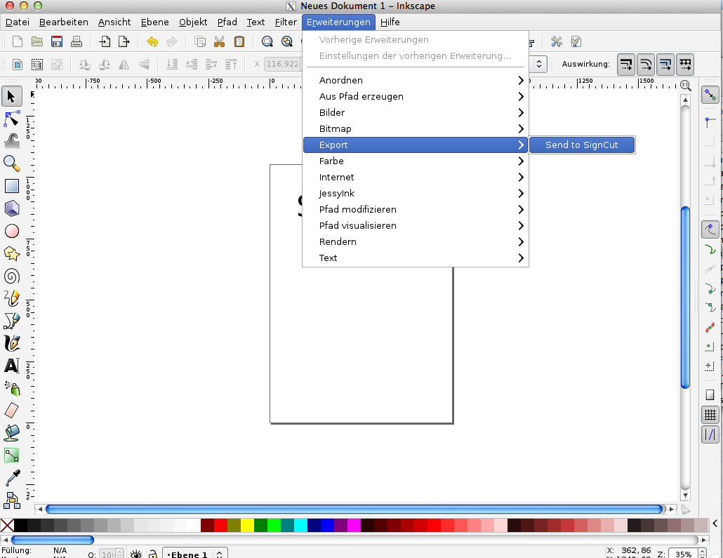 Inkscape unter Mac OS X: Menü Erweiterungen – Export mit der Option Send to SignCut, die nach Installation des SignCut-Plugins erscheint