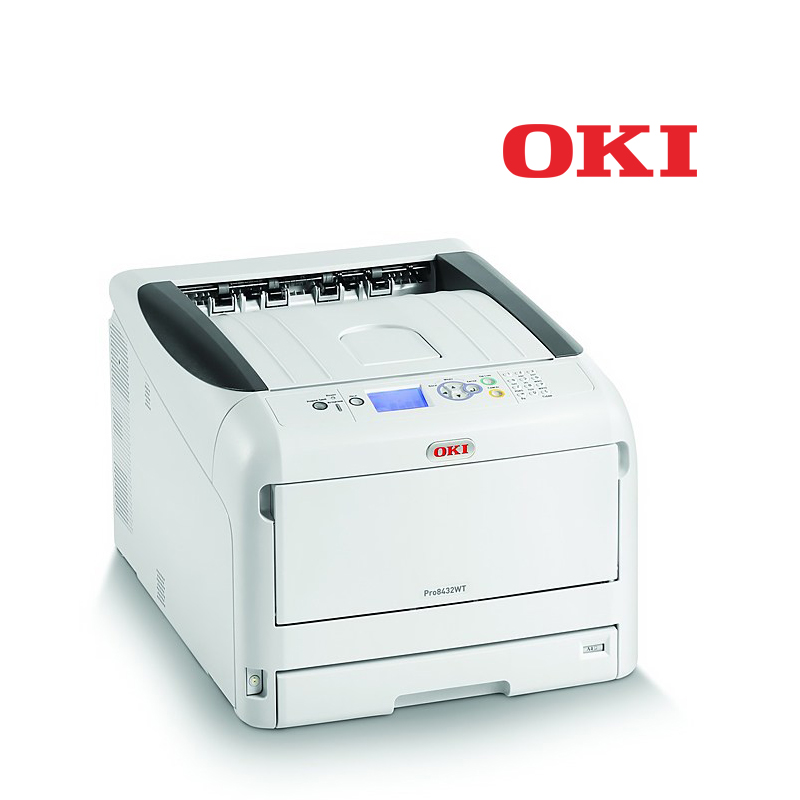 Weißtonerdrucker OKI Pro8432WT in Weiß mit Display und Papierkassette, geeignet für das White-Toner Transferverfahren