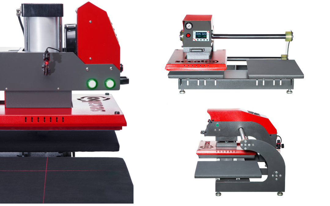 Pneumatische Transferpresse Secabo TPD7 mit Doppelplatten in drei Ansichten, Zwei-Hand-Bedienknöpfen, Display und Laser-Positionierkreuz