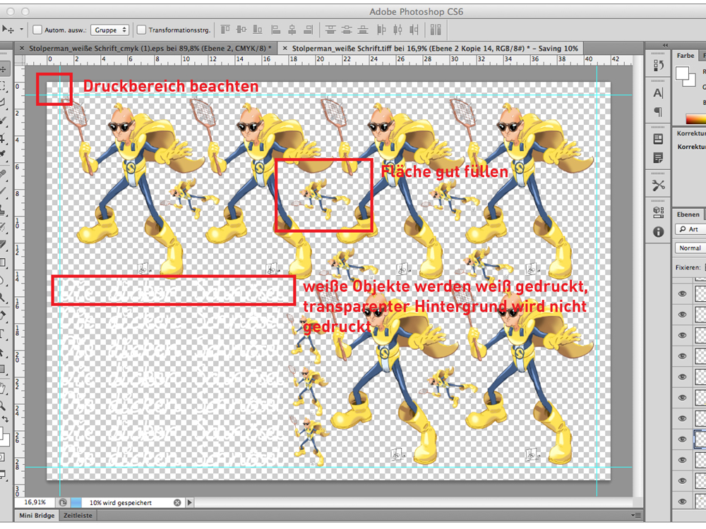 Photoshop-Druckdatei: Figur Sorgi Grübel mehrfach und weißer Schriftzug auf transparentem Grund, Hinweise zu Druckbereich und Flächenfüllung