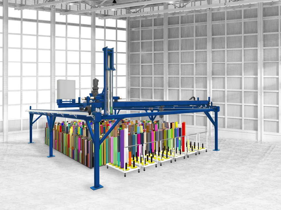 3D-Darstellung eines automatischen NEPATA-Folienlagers: blauer Portalroboter über senkrecht stehenden bunten Folienrollen, davor Transportwagen