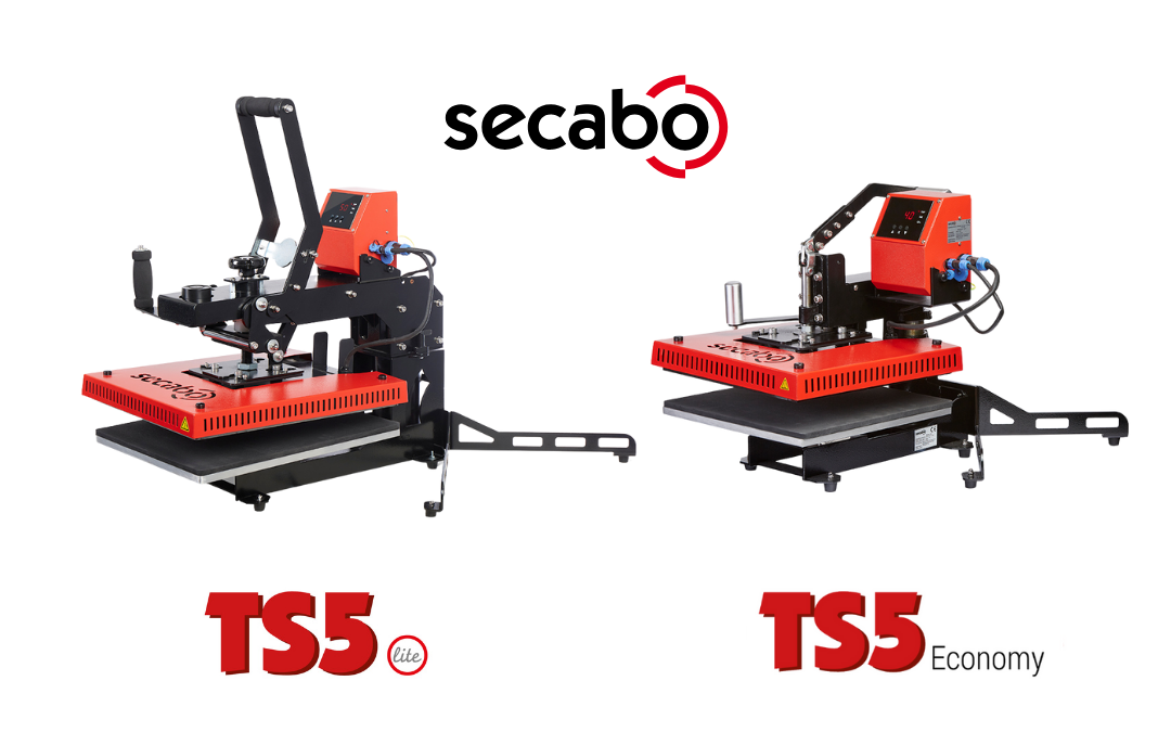 Secabo Transferpressen TS5 Lite (links, mit hohem Hebelarm) und TS5 Economy (rechts, mit kompaktem Hebel) im direkten Vergleich nebeneinander