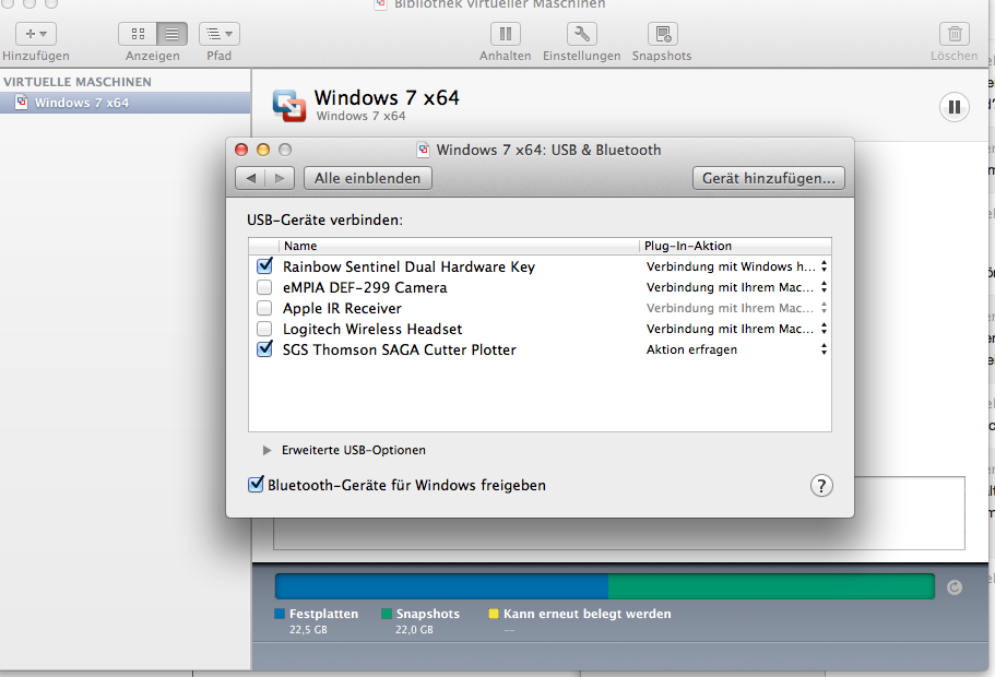 VMware Fusion, USB-Einstellungen für Windows 7 x64: Dongle Rainbow Sentinel und SAGA Schneideplotter per Häkchen mit Windows verbunden