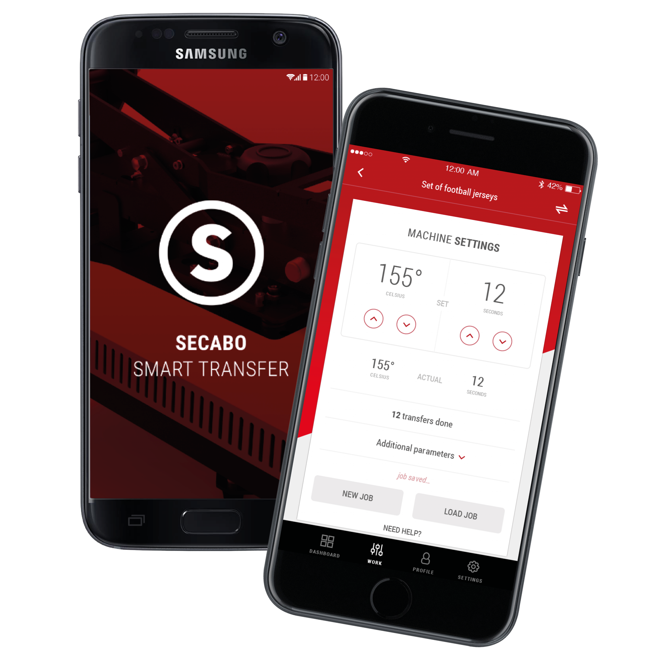 App Secabo Smart Transfer auf zwei Smartphones: Startbildschirm und Maschineneinstellungen mit 155 °C und 12 Sekunden für die Transferpresse