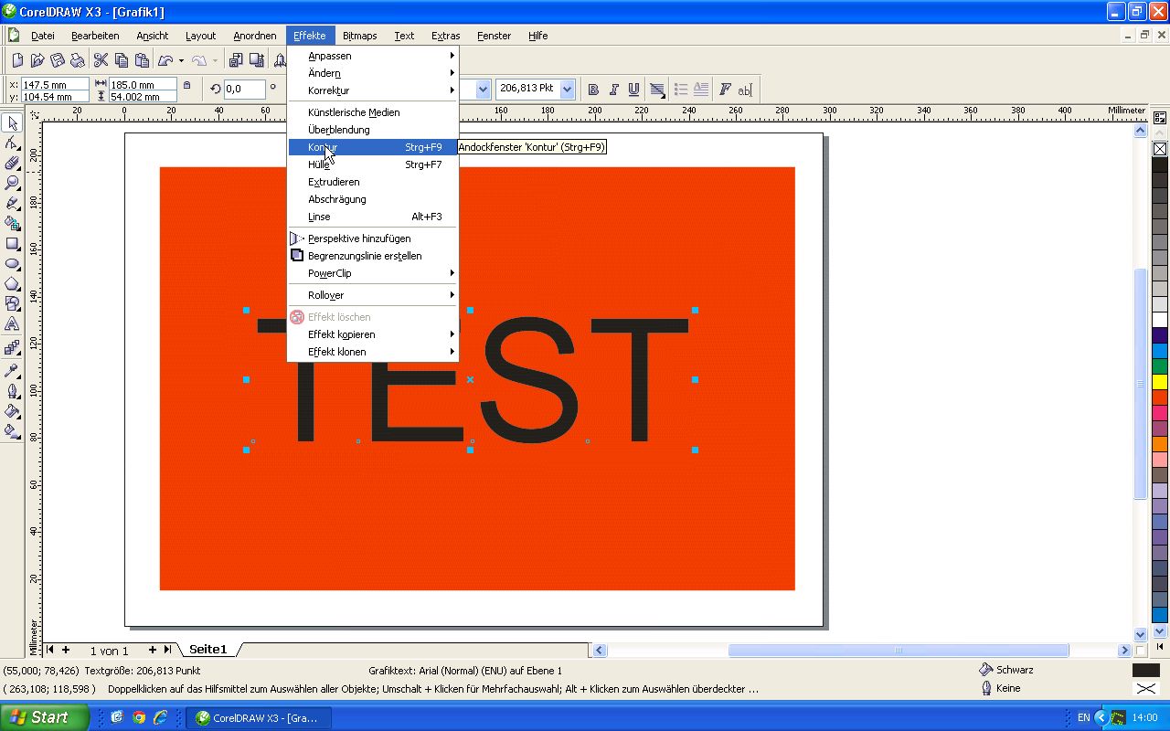 CorelDRAW X3 mit geöffnetem Menü Effekte und markiertem Eintrag Kontur (Strg+F9), dahinter der schwarze Text TEST auf rotem Rechteck