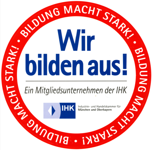 Rundes IHK-Siegel Wir bilden aus! mit rotem Ring Bildung macht stark! – YOW! als Ausbildungsbetrieb der IHK München und Oberbayern