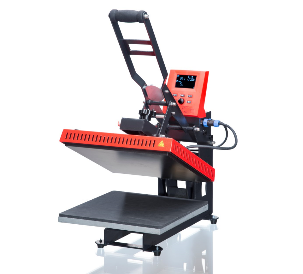 Klapppresse Secabo TC5 SMART in Rot-Schwarz mit geöffneter Heizplatte, Hebelgriff und Digitaldisplay für Temperatur und Zeit