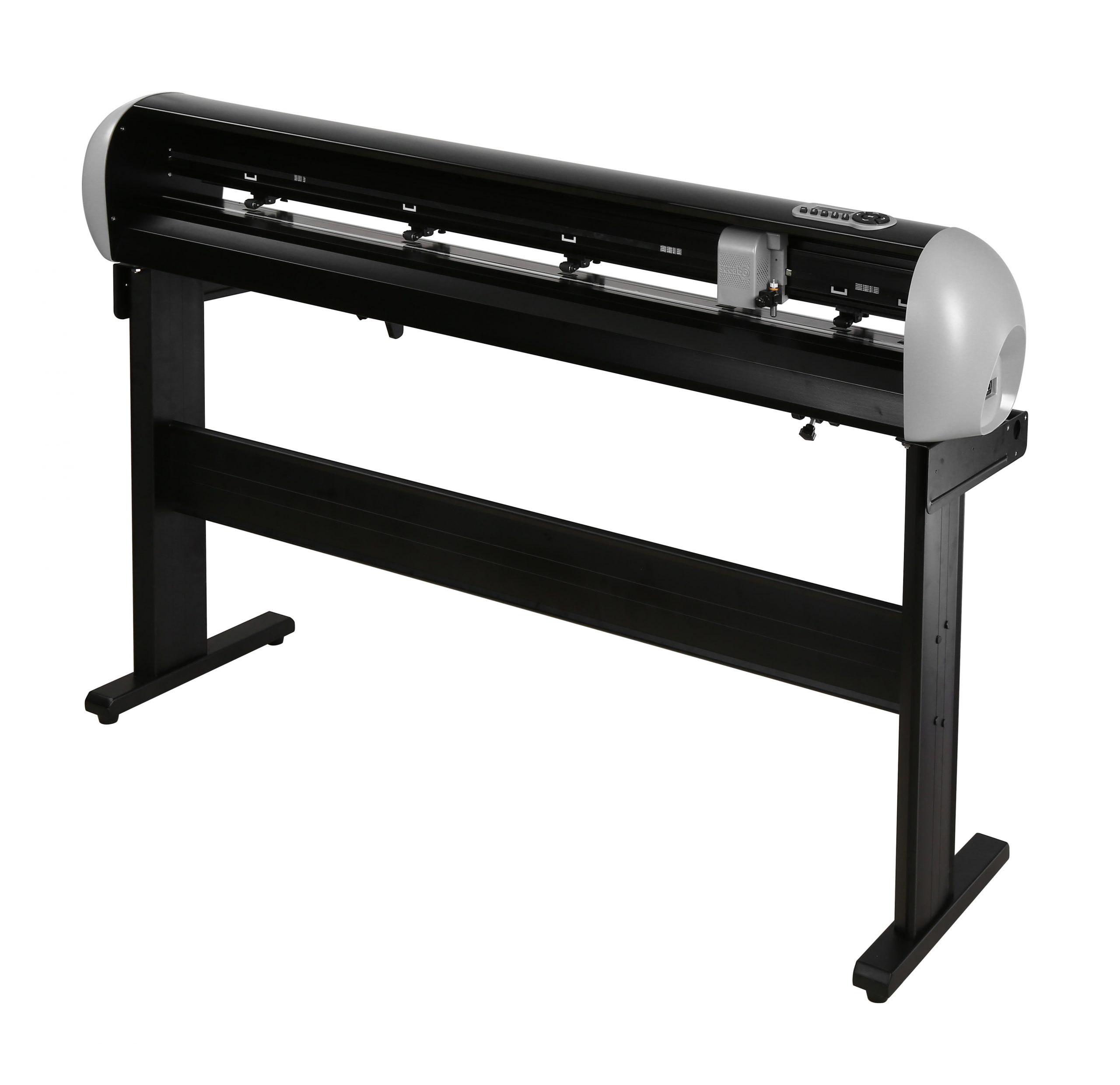 Schneideplotter Secabo S120 II mit Servomotor in Schwarz-Silber auf Standfuß, mit Messerkopf und Andruckrollen für breite Folien