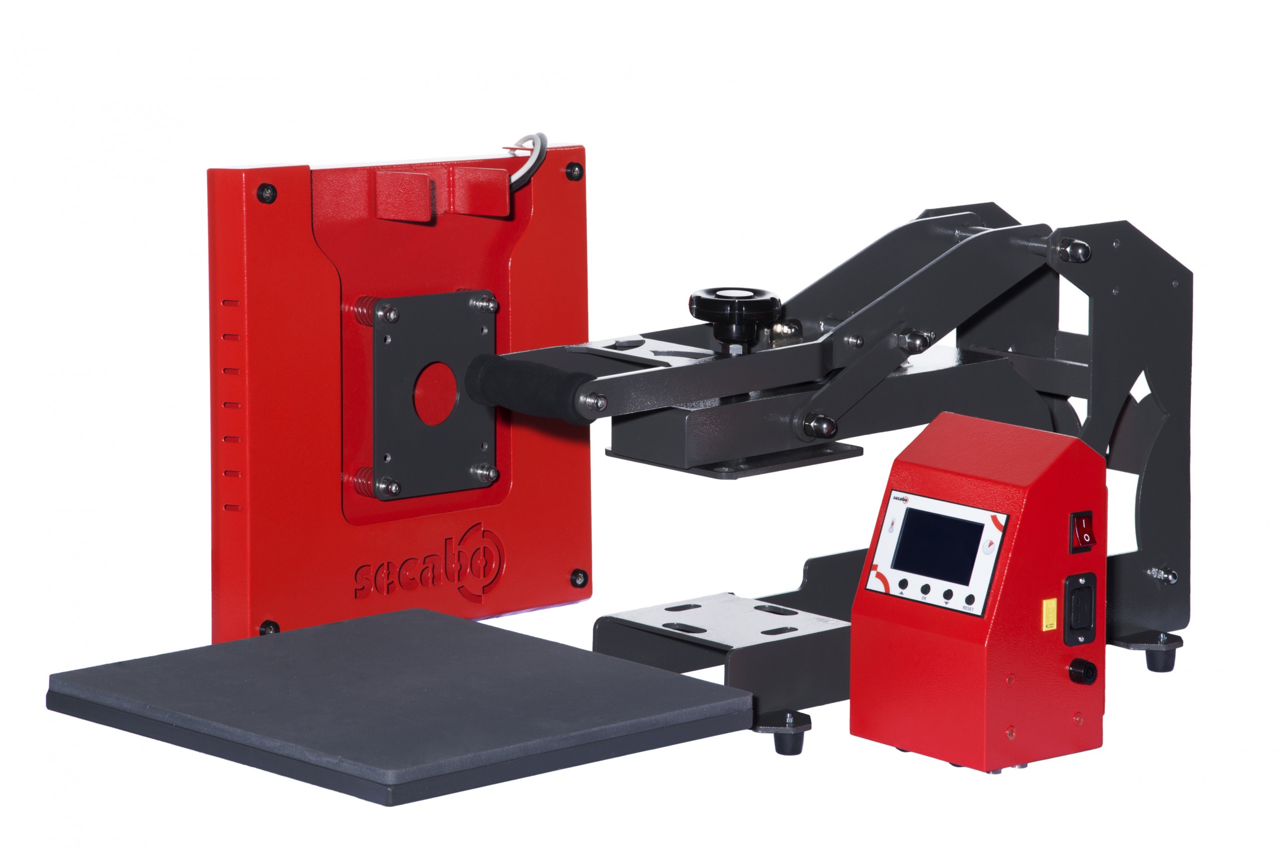 Secabo Transferpresse TC5/TC7 in Einzelmodulen: rote Heizplatte, graue Unterplatte, Gestell mit Hebelarm und rote Steuereinheit mit Display