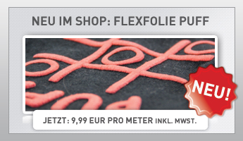 Teaser: rote, erhaben aufgeschäumte Puff-Flexfolie auf schwarzem Stoff, Neu-Siegel, Preis 9,99 EUR pro Meter inkl. MwSt.