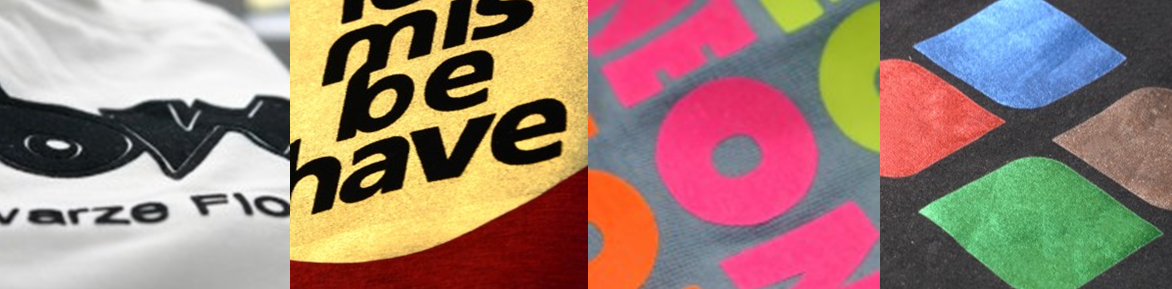 Vier Nahaufnahmen von Textilveredelungen mit Flock- und Flexfolie: schwarzes Logo auf Weiß, Schrift auf Gold, Neonbuchstaben, bunte Rautenformen