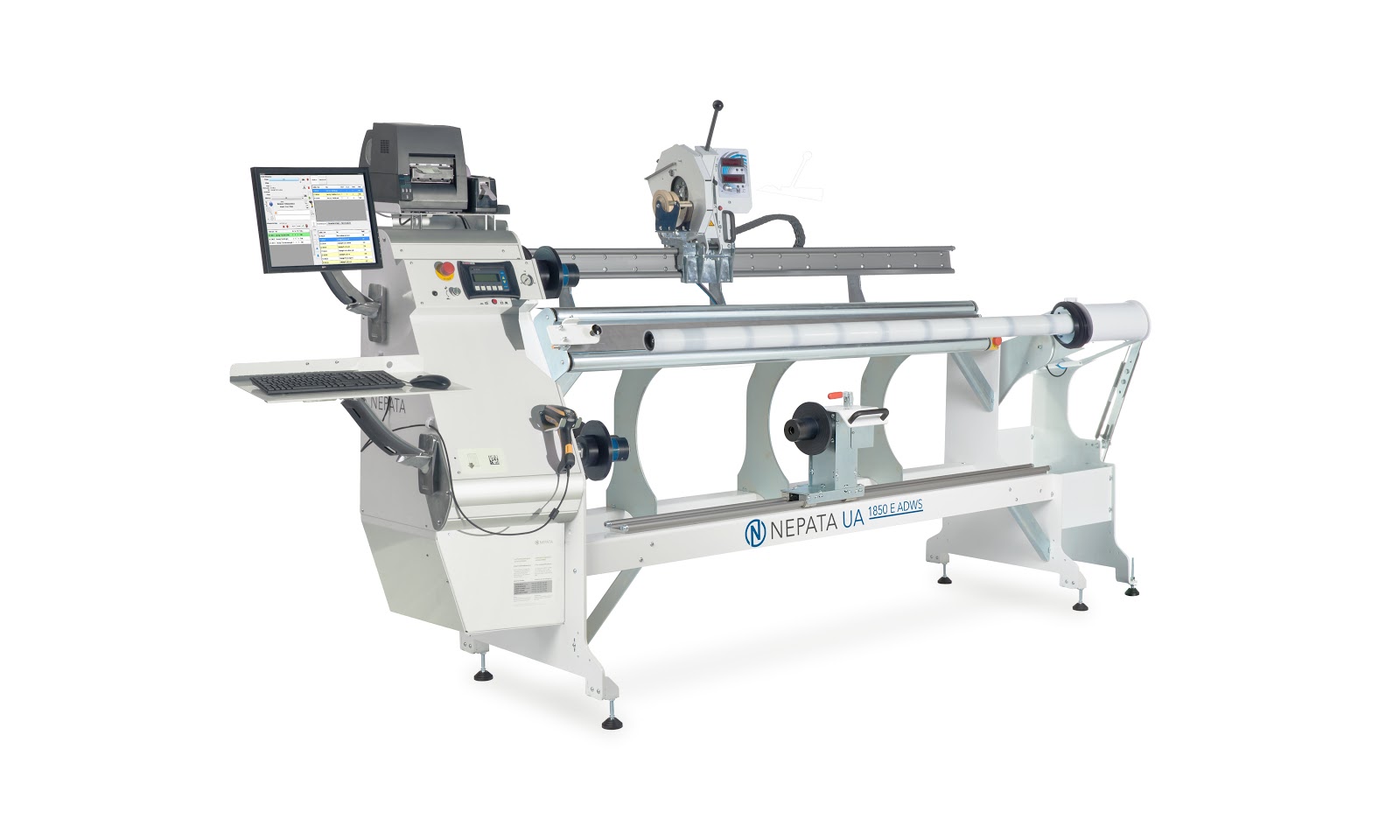Weiße NEPATA UA1850 E ADWS Economy Umwickel- und Abstechmaschine mit Monitor, Tastatur, Etikettendrucker und Abstecheinheit auf Längsschiene