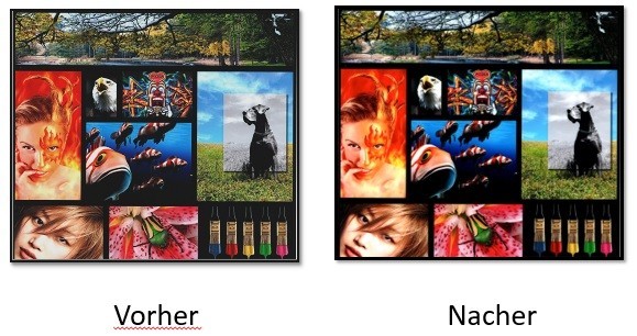 Druckvergleich Vorher/Nachher: gleiche Bildcollage, rechts mit kräftigeren Farben und tieferem Schwarz durch optimiertes Sublimationstintensystem