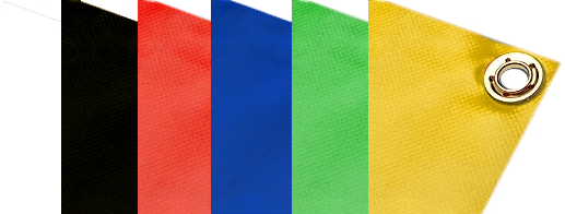 Vorgesäumtes Bannermaterial in Weiß, Schwarz, Rot, Blau, Grün und Gelb, gelbe Bahn vorne mit Metallöse an der Ecke